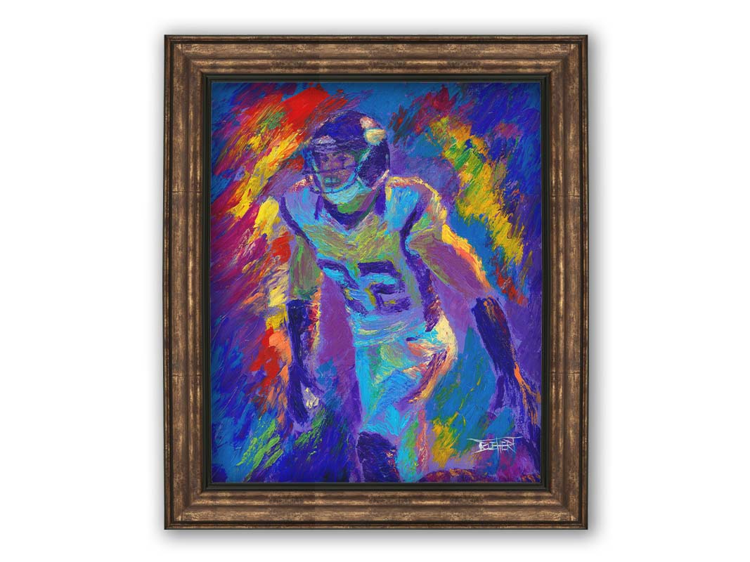 A painting of Minnesota Vikings defensiveback Harrison Smith, with an abstract background in blue and red, accented by yellow. Printed on canvas and framed.