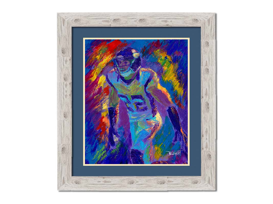 A painting of Minnesota Vikings defensiveback Harrison Smith, with an abstract background in blue and red, accented by yellow. Printed on paper, matted, and framed.