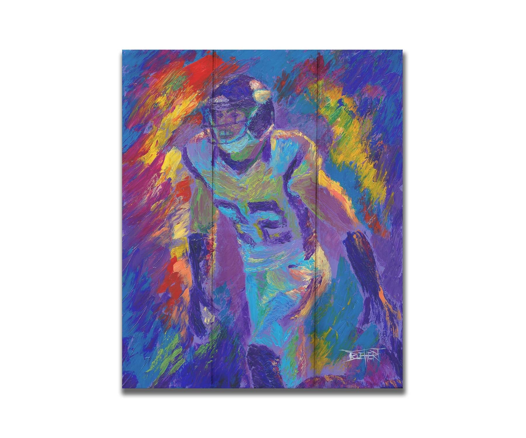 A painting of Minnesota Vikings defensiveback Harrison Smith, with an abstract background in blue and red, accented by yellow. Printed on a box board.