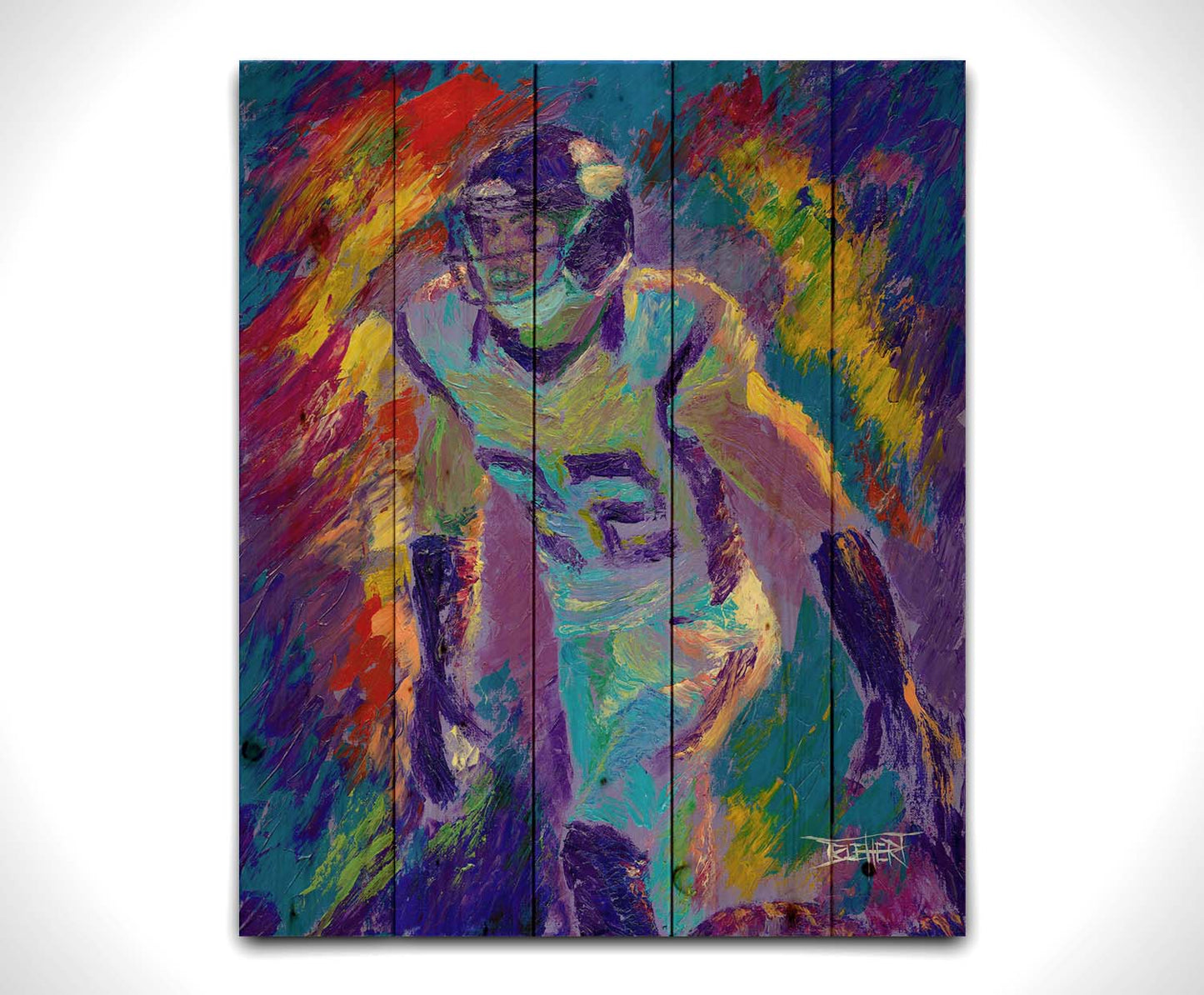 A painting of Minnesota Vikings defensiveback Harrison Smith, with an abstract background in blue and red, accented by yellow. Printed on a wood pallet.