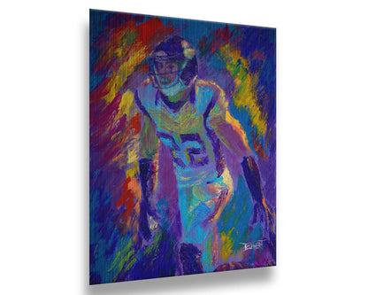 A painting of Minnesota Vikings defensiveback Harrison Smith, with an abstract background in blue and red, accented by yellow. Printed on metal.