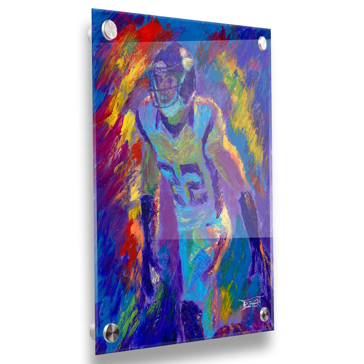 A painting of Minnesota Vikings defensiveback Harrison Smith, with an abstract background in blue and red, accented by yellow. Printed on acrylic.