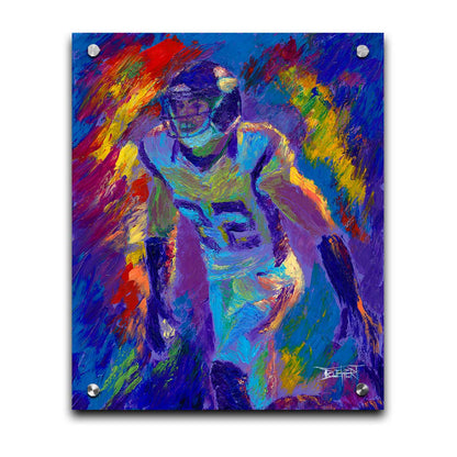 A painting of Minnesota Vikings defensiveback Harrison Smith, with an abstract background in blue and red, accented by yellow. Printed on acrylic.