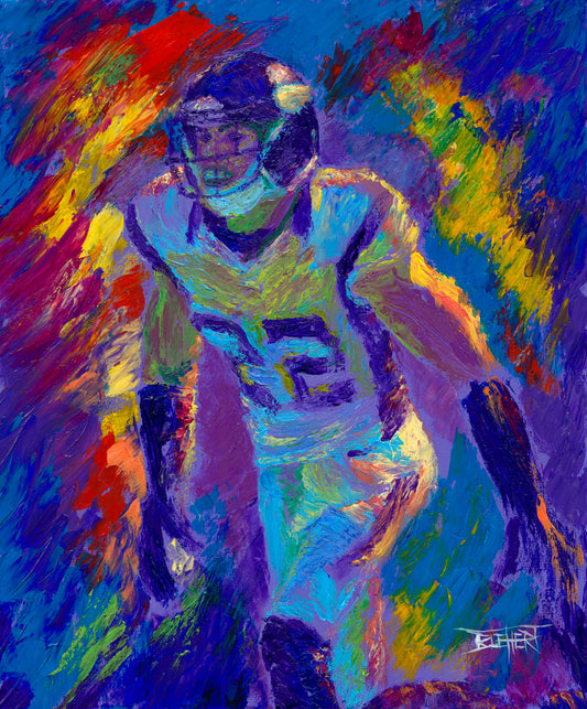 A painting of Minnesota Vikings defensive back Harrison Smith, with an abstract background in blue and red, accented by yellow.