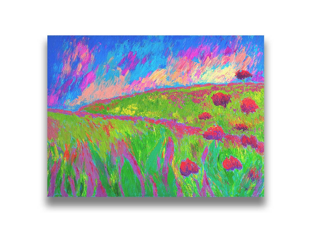 A painting of the morning sunrise over a hilly meadow of bright green grass and pink and red flowers. Printed on canvas.