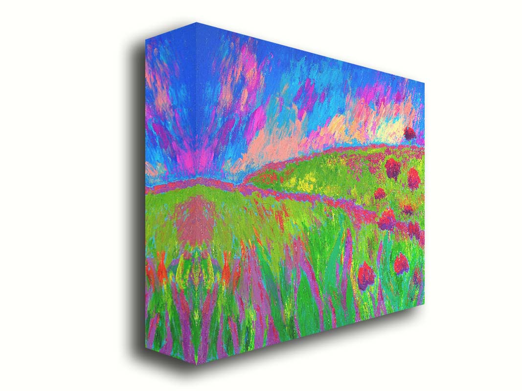 A painting of the morning sunrise over a hilly meadow of bright green grass and pink and red flowers. Printed on canvas.