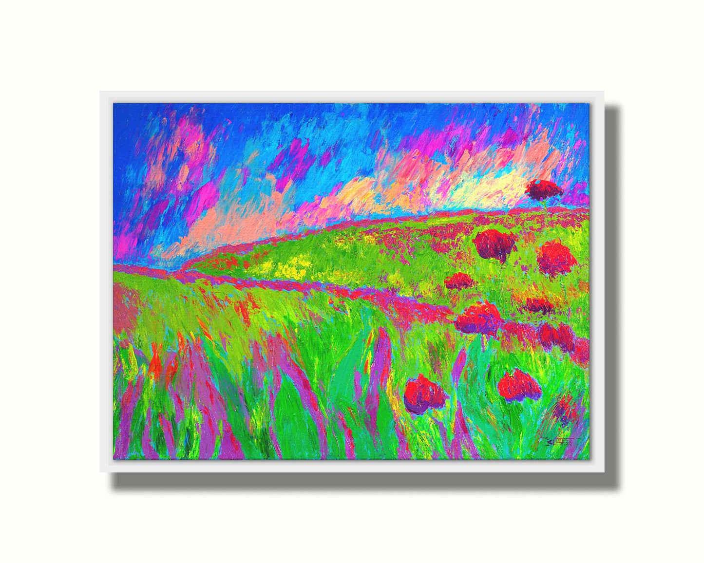 A painting of  the morning sunrise over a hilly meadow of brigh green grass and pink and red flowers. Printed on canvas in a float frame.