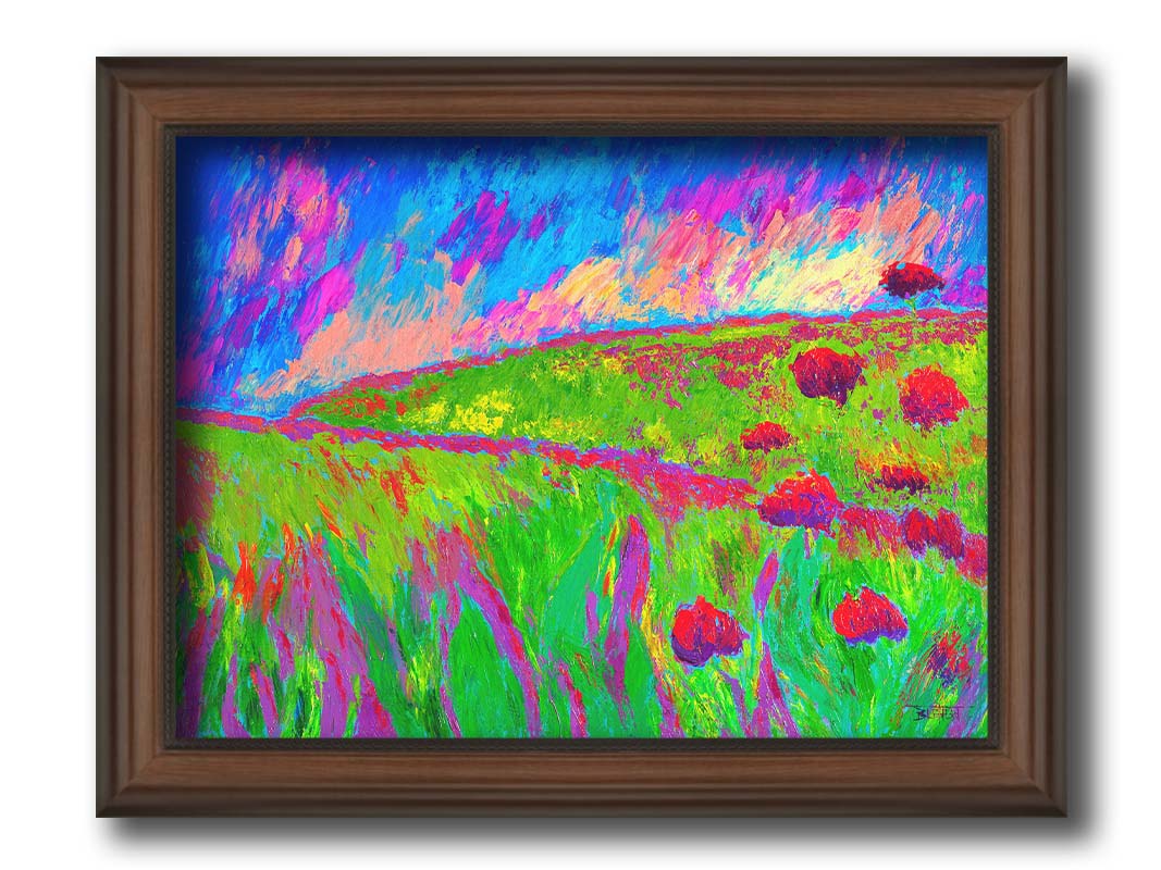 A painting of the morning sunrise over a hilly meadow of bright green grass and pink and red flowers. Printed on canvas and framed.
