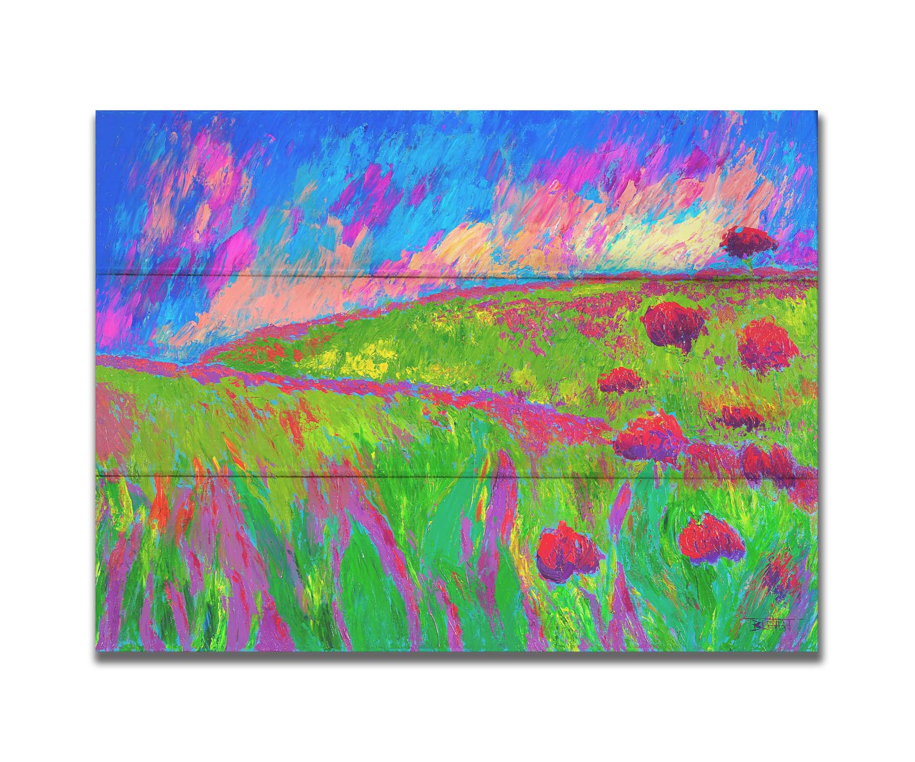 A painting of the morning sunrise over a hilly meadow of bright green grass and pink and red flowers. Printed on a box board.