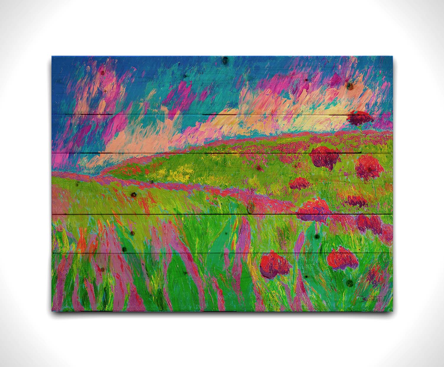 A painting of the morning sunrise over a hilly meadow of bright green grass and pink and red flowers. Printed on a wood pallet.