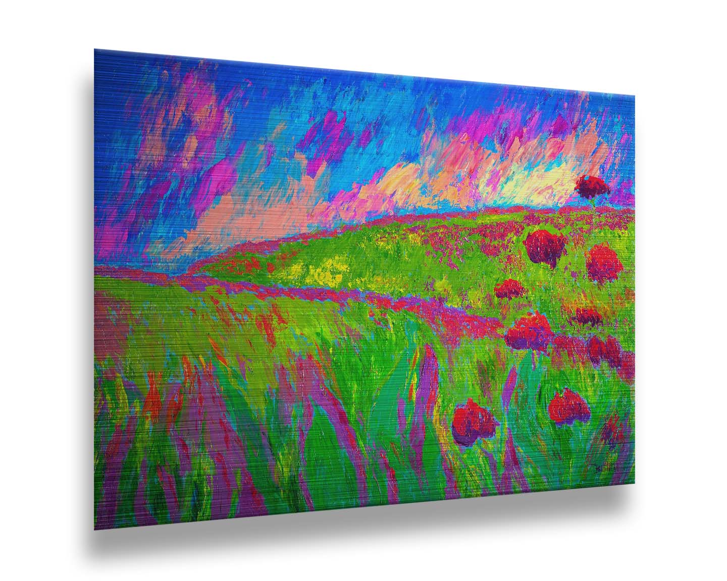A painting of the morning sunrise over a hilly meadow of bright green grass and pink and red flowers. Printed on metal.