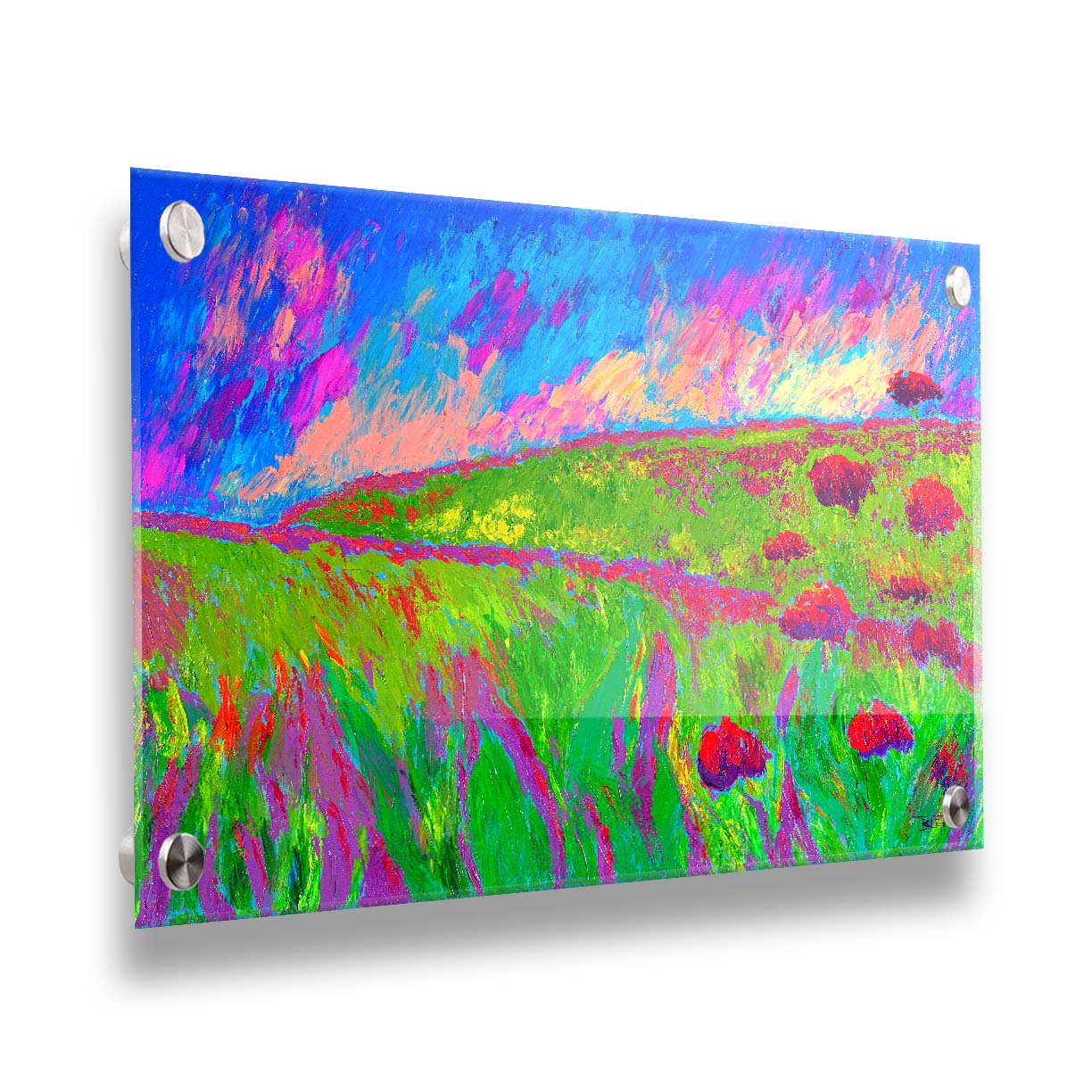 A painting of the morning sunrise over a hilly meadow of bright green grass and pink and red flowers. Printed on acrylic.