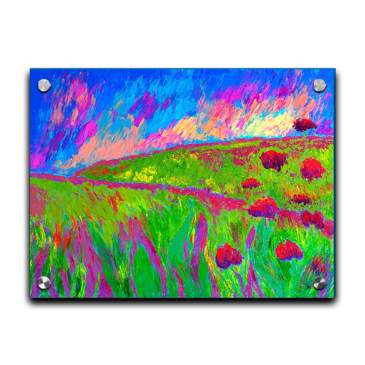 A painting of the morning sunrise over a hilly meadow of bright green grass and pink and red flowers. Printed on acrylic.
