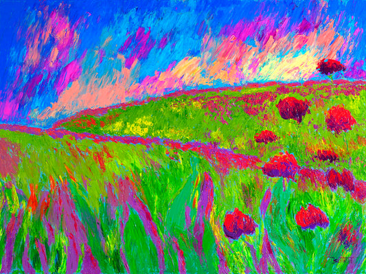 A painting of the morning sunrise over a hilly meadow of bright green grass and pink and red flowers.