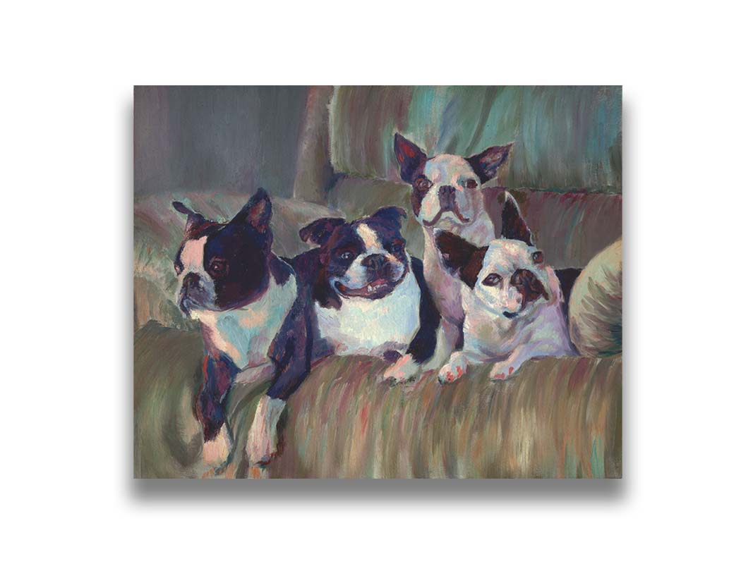 A painting of four Boston terriers, posed lying in a light brown armchair. Printed on canvas.