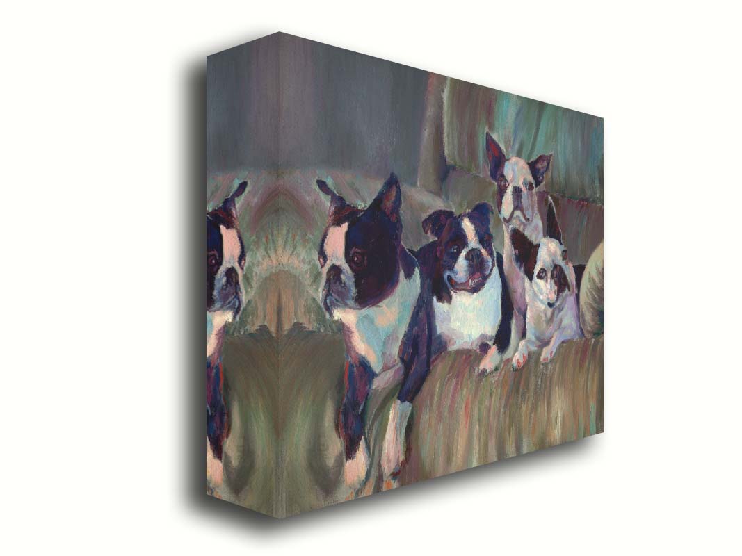 A painting of four Boston terriers, posed lying in a light brown armchair. Printed on canvas.