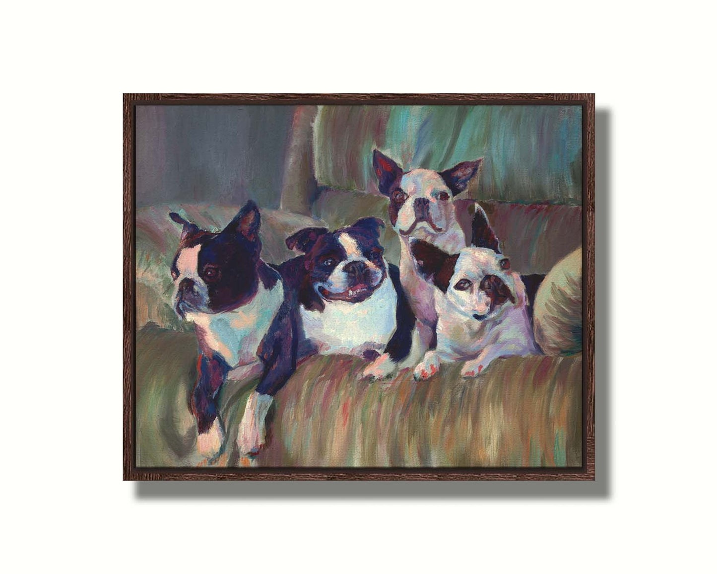 A painting of four Boston terriers, posed lying in a light brown armchair. Printed on canvas in a float frame.