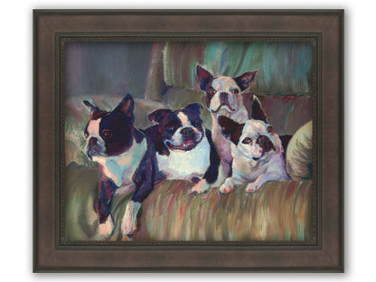 A painting of four Boston terriers, posed lying in a light brown armchair. Printed on canvas and framed.