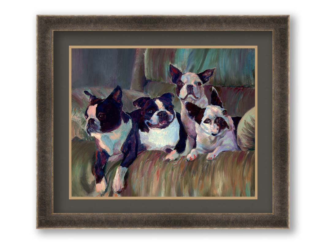 A painting of four Boston terriers, posed lying in a light brown armchair. Printed on paper, matted, and framed.