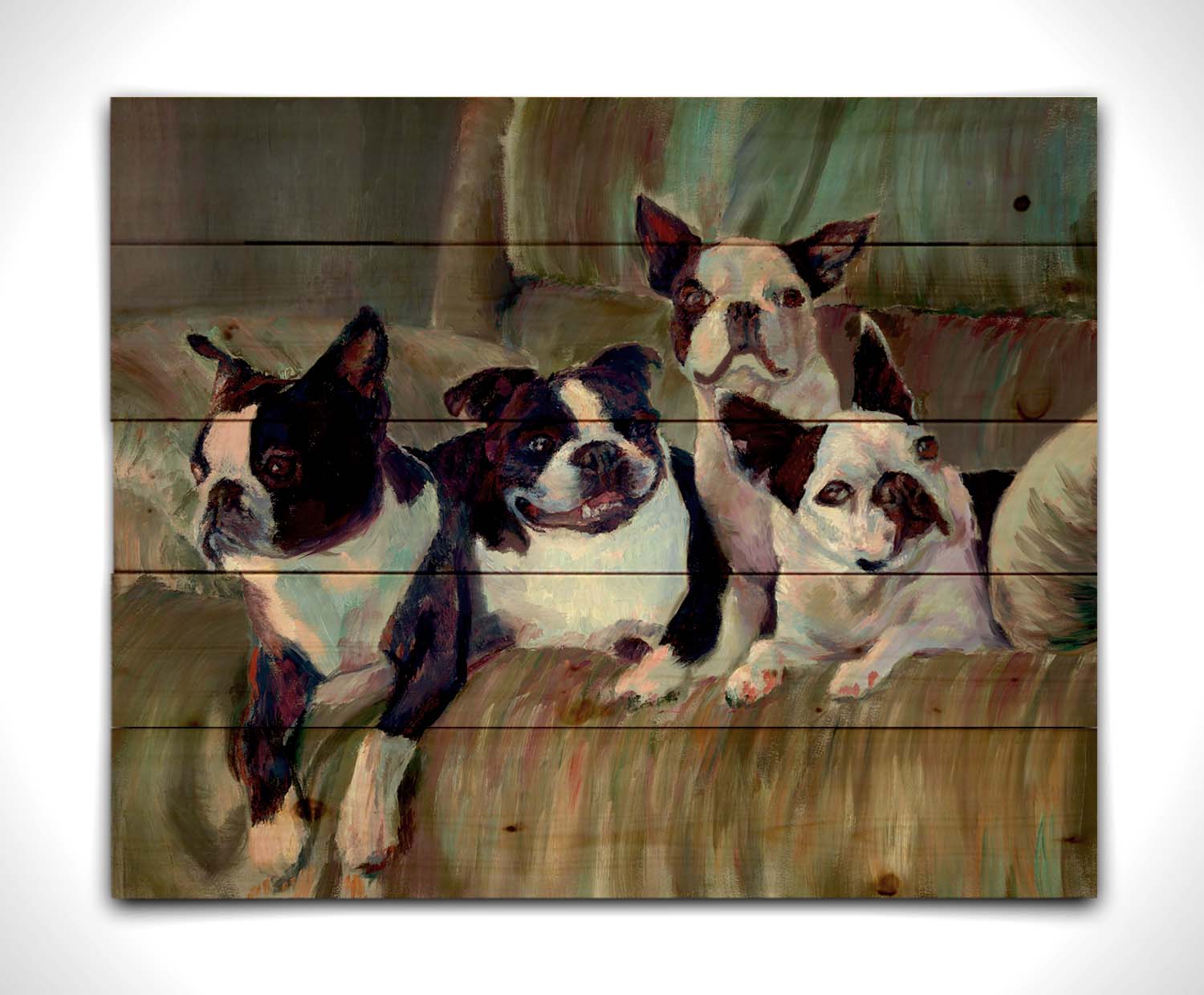 A painting of four Boston terriers, posed lying in a light brown armchair. Printed on a wood pallet.