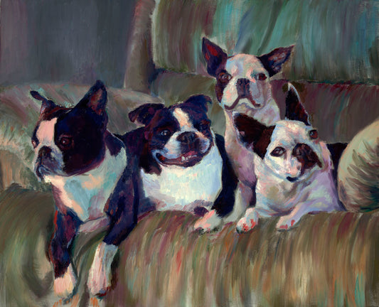 A painting of four Boston terriers, posed lying in a light brown armchair. 