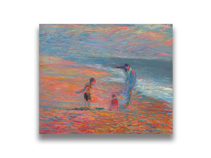 A painting of a group of people on the beach at sunset. Children play in the sand illuminated by the orange light, which contrasts sharply with the blue tones of the sea. Printed on canvas.