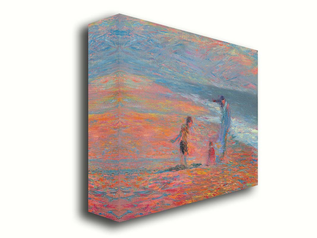 A painting of a group of people on the beach at sunset. Children play in the sand illuminated by the orange light, which contrasts sharply with the blue tones of the sea. Printed on canvas.