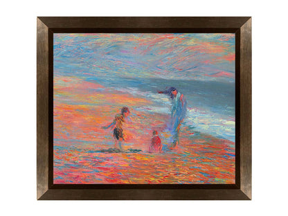 A painting of a group of people on the beach at sunset. Children play in the sand illuminated by the orange light, which contrasts sharply with the blue tones of the sea. Printed on canvas and framed.