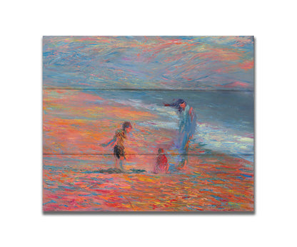 A painting of a group of people on the beach at sunset. Children play in the sand illuminated by the orange light, which contrasts sharply with the blue tones of the sea. Printed on a box board.