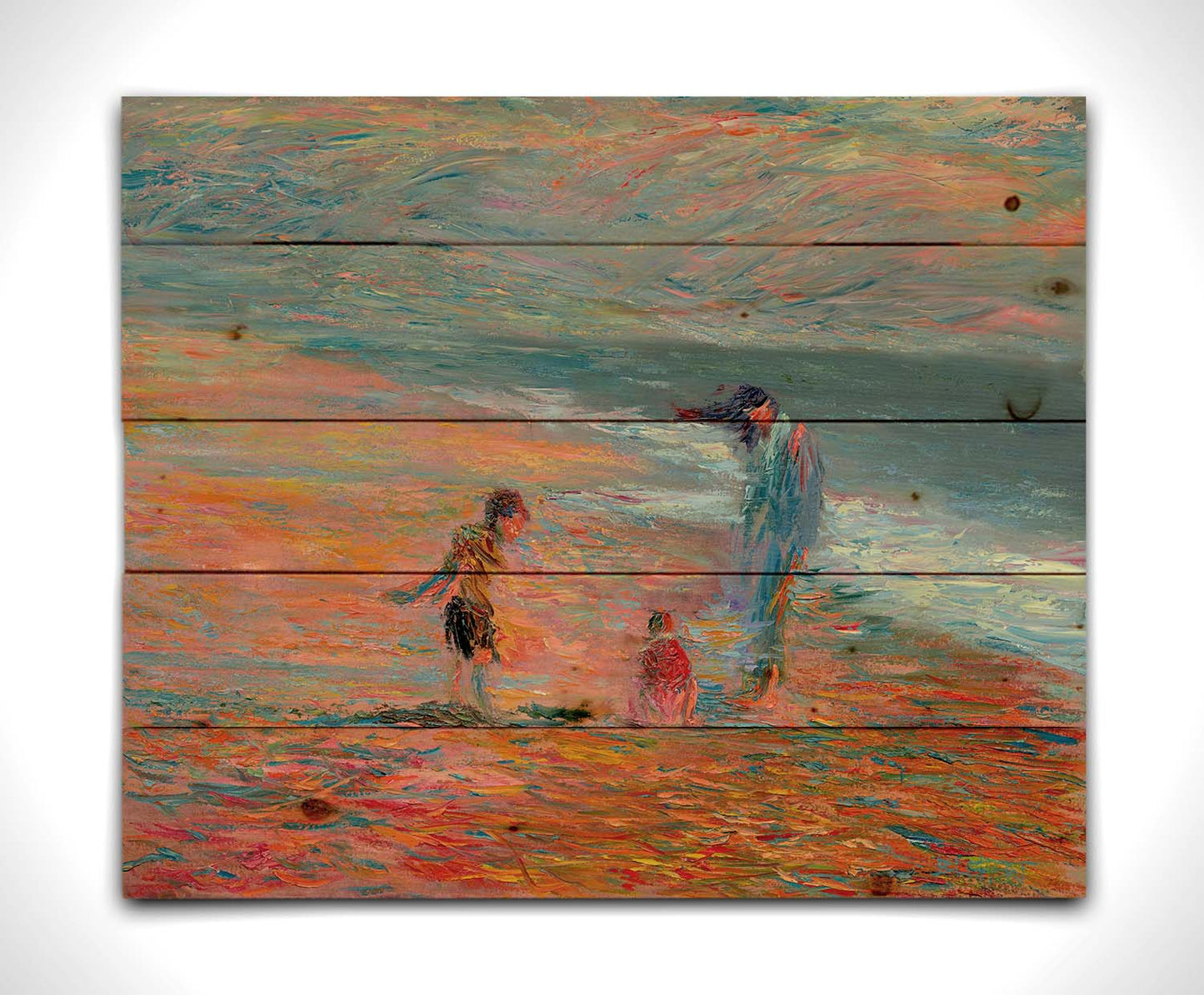 A painting of a group of people on the beach at sunset. Children play in the sand illuminated by the orange light, which contrasts sharply with the blue tones of the sea. Printed on a wood pallet.