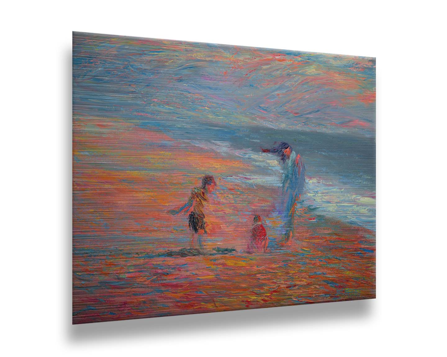 A painting of a group of people on the beach at sunset. Children play in the sand illuminated by the orange light, which contrasts sharply with the blue tones of the sea. Printed on metal.