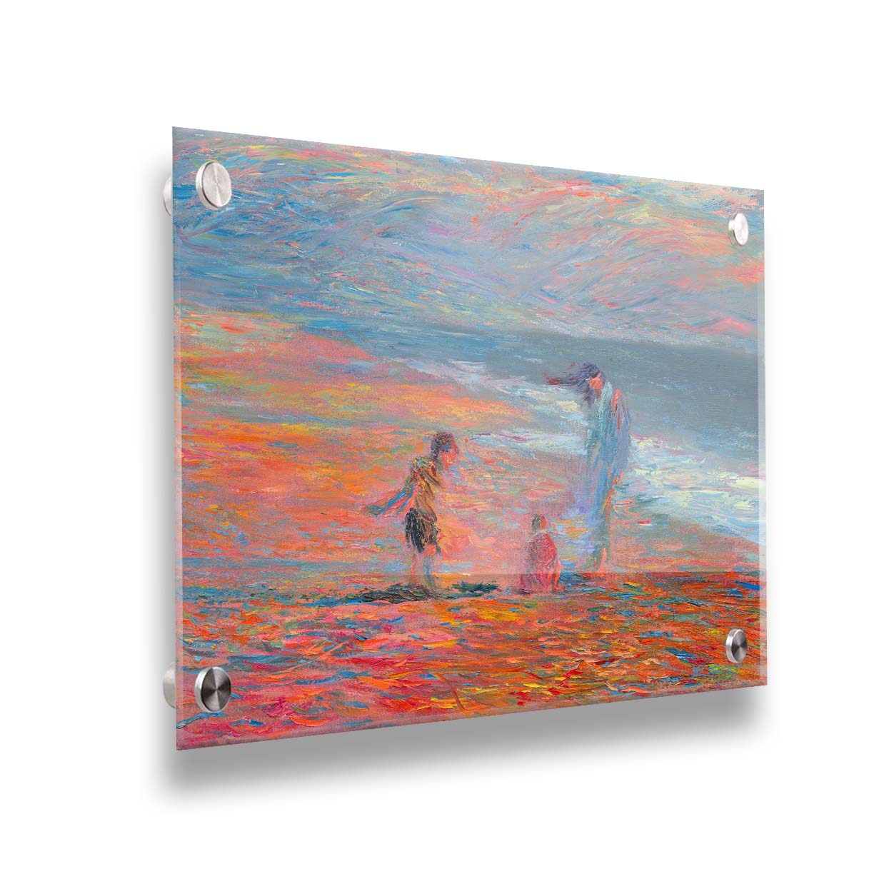 A painting of a group of people on the beach at sunset. Children play in the sand illuminated by the orange light, which contrasts sharply with the blue tones of the sea. Printed on acrylic.