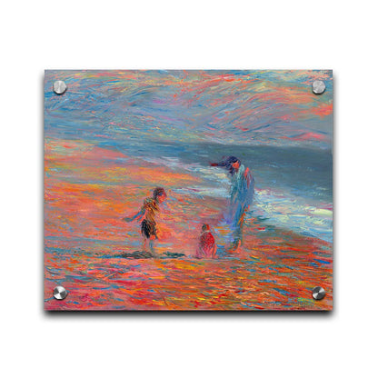 A painting of a group of people on the beach at sunset. Children play in the sand illuminated by the orange light, which contrasts sharply with the blue tones of the sea. Printed on acrylic.