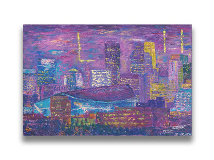 A landscape painting of a scene in Minneapolis, Minnesota, centered on the U.S. Bank Stadium, host of Superbowl LII. Printed on canvas.