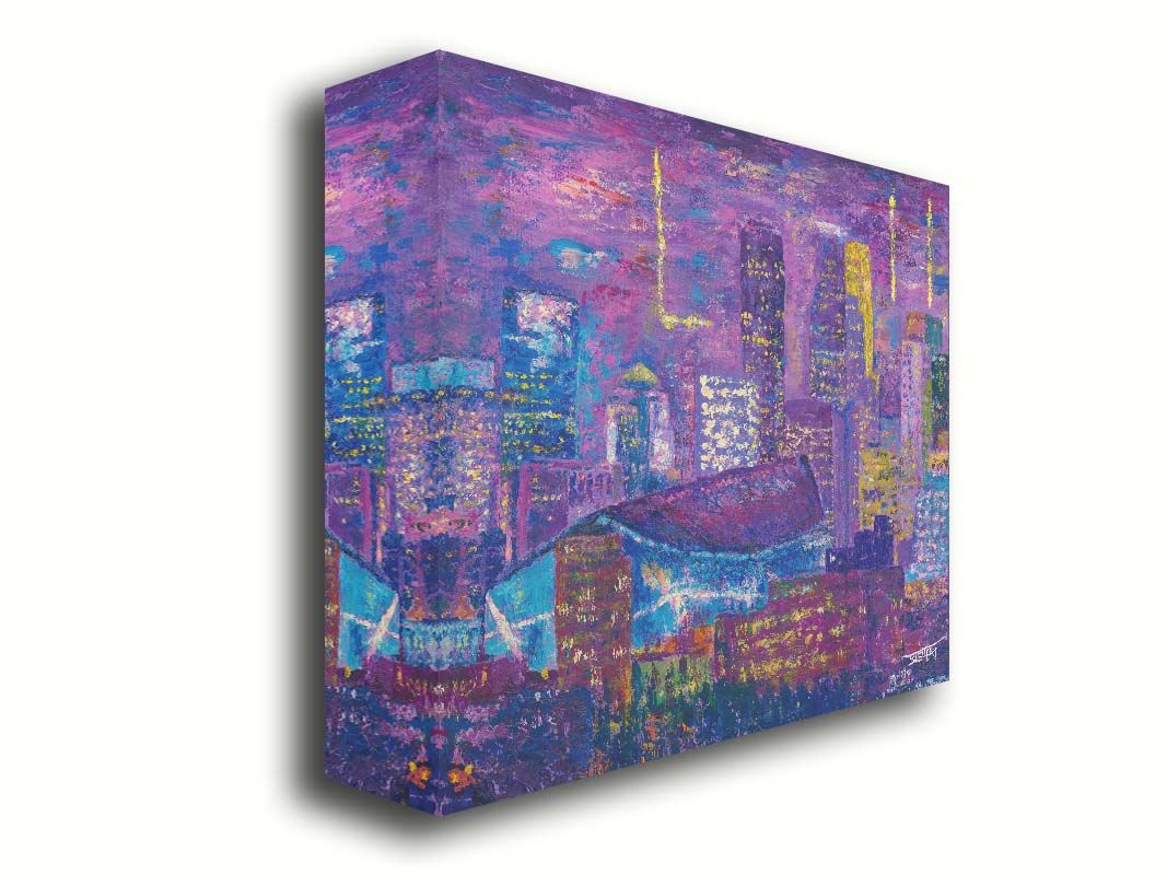 A landscape painting of a scene in Minneapolis, Minnesota, centered on the U.S. Bank Stadium, host of Superbowl LII. Printed on canvas.