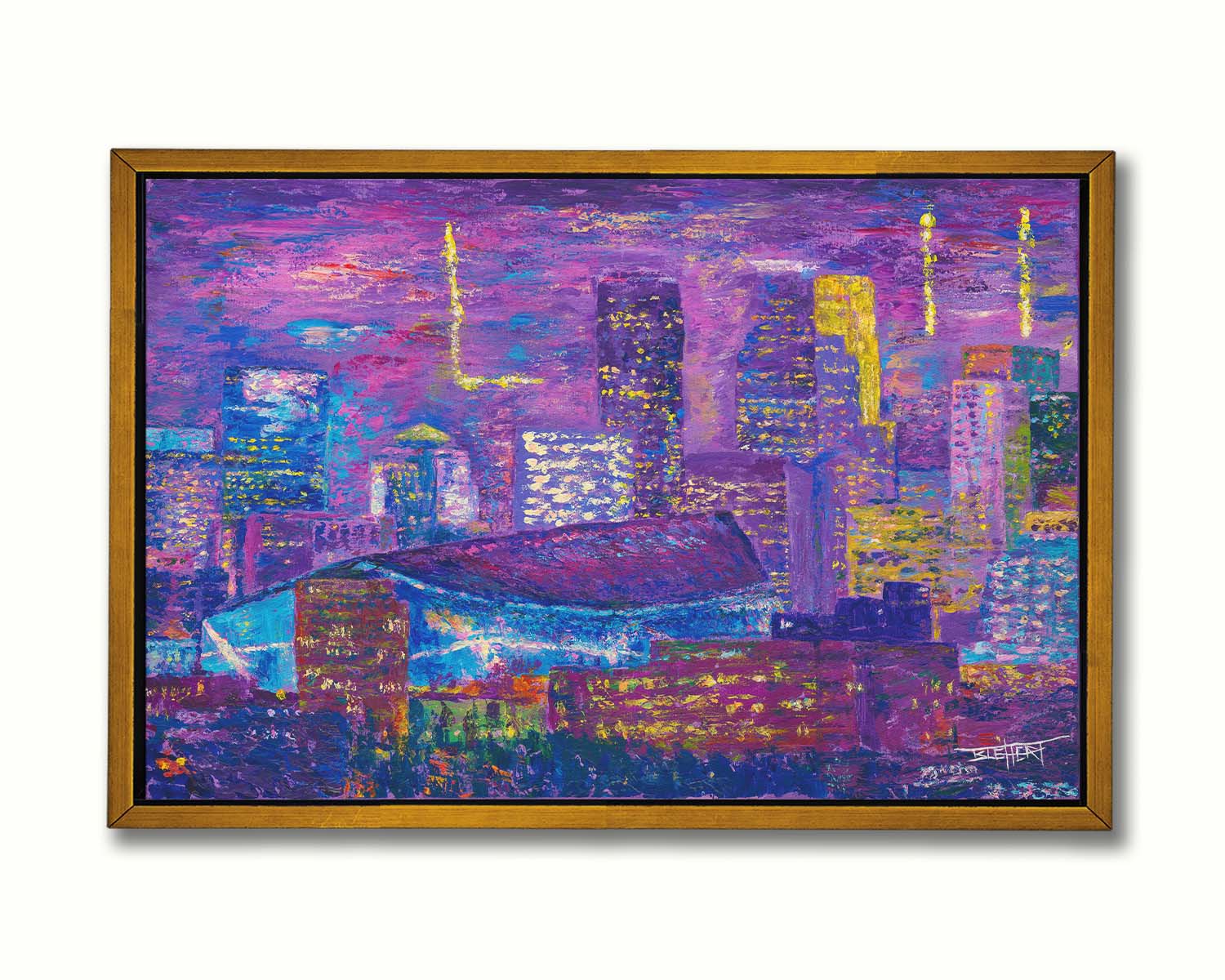 A landscape painting of a scene in Minneapolis, Minnesota, centered on the U.S. Bank Stadium, host of Superbowl LII. Printed on canvas in a float frame.