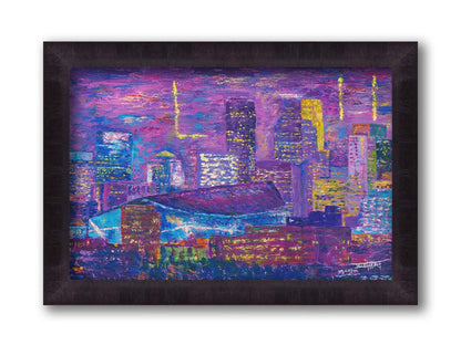 A landscape painting of a scene in Minneapolis, Minnesota, centered on the U.S. Bank Stadium, host of Superbowl LII. Printed on canvas and framed.