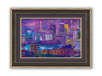 A landscape painting of a scene in Minneapolis, Minnesota, centered on the U.S. Bank Stadium, host of Superbowl LII. Printed on paper, matted, and framed.