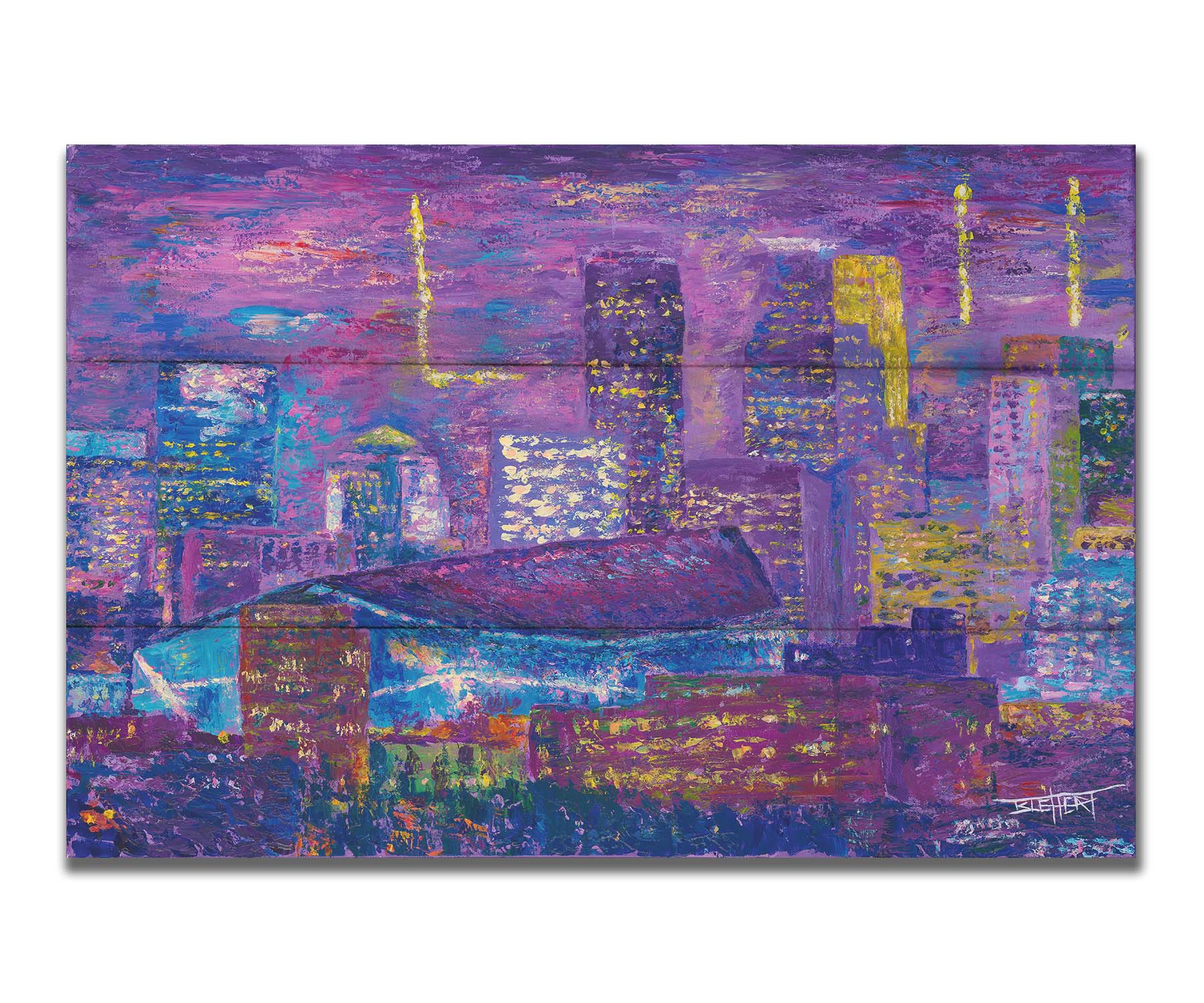 A landscape painting of a scene in Minneapolis, Minnesota, centered on the U.S. Bank Stadium, host of Superbowl LII. Printed on a box board.