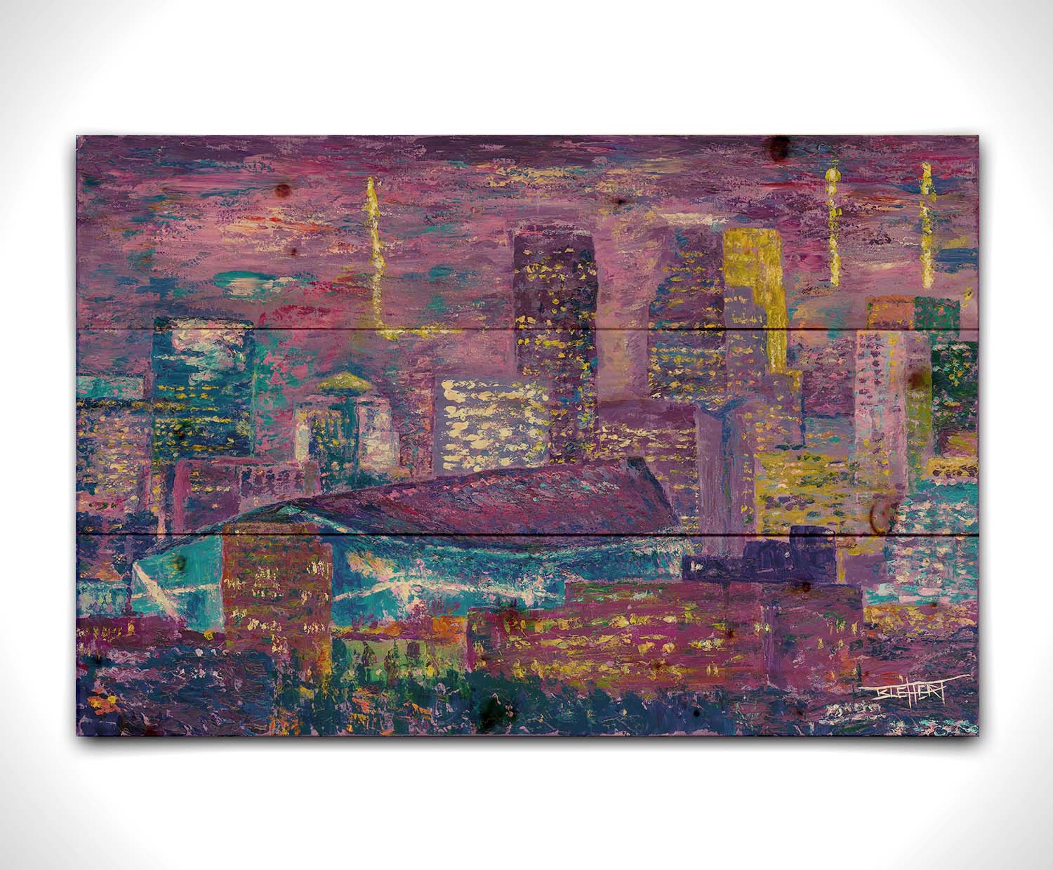 A landscape painting of a scene in Minneapolis, Minnesota, centered on the U.S. Bank Stadium, host of Superbowl LII. Printed on a wood pallet.