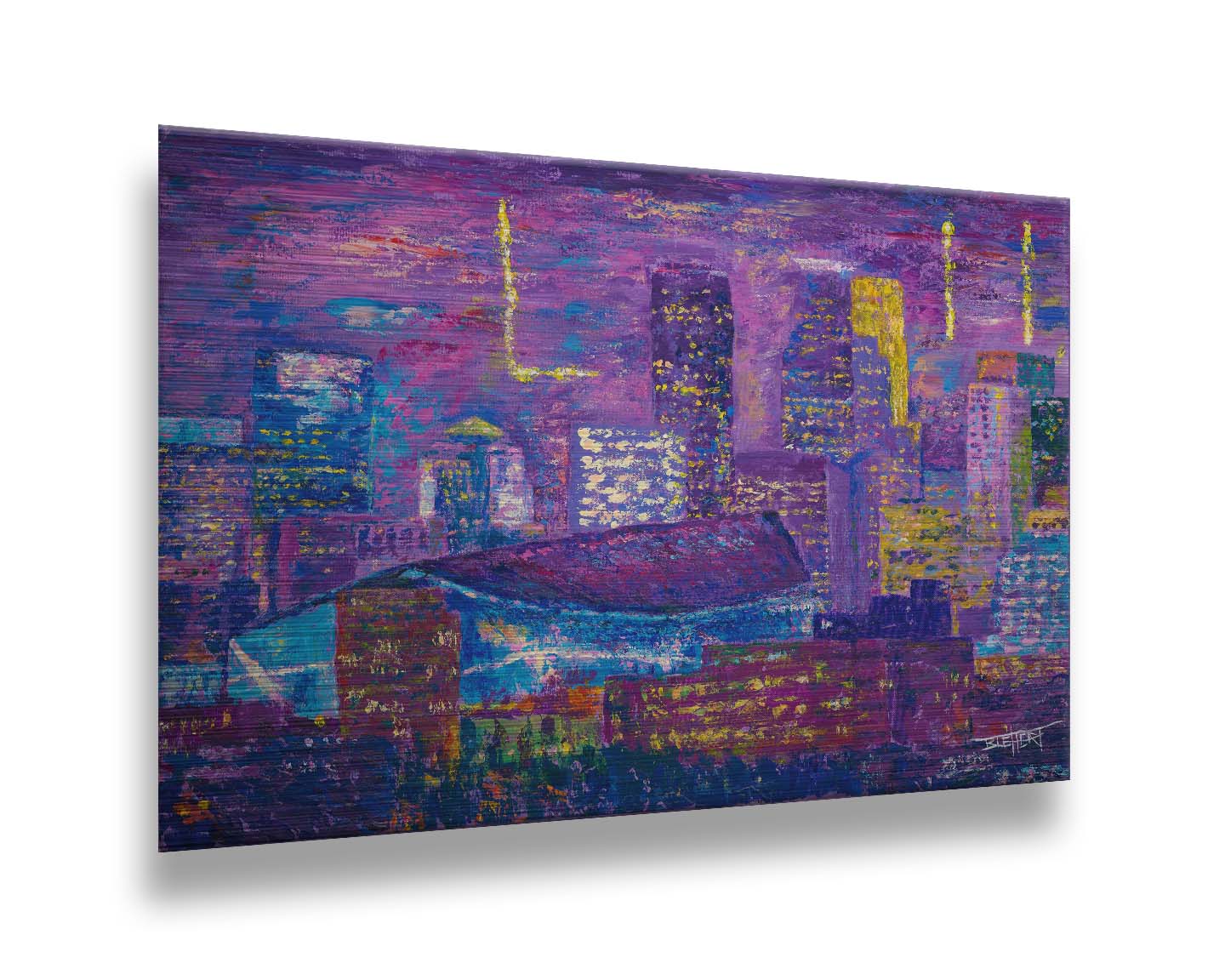 A landscape painting of a scene in Minneapolis, Minnesota, centered on the U.S. Bank Stadium, host of Superbowl LII. Printed on metal.