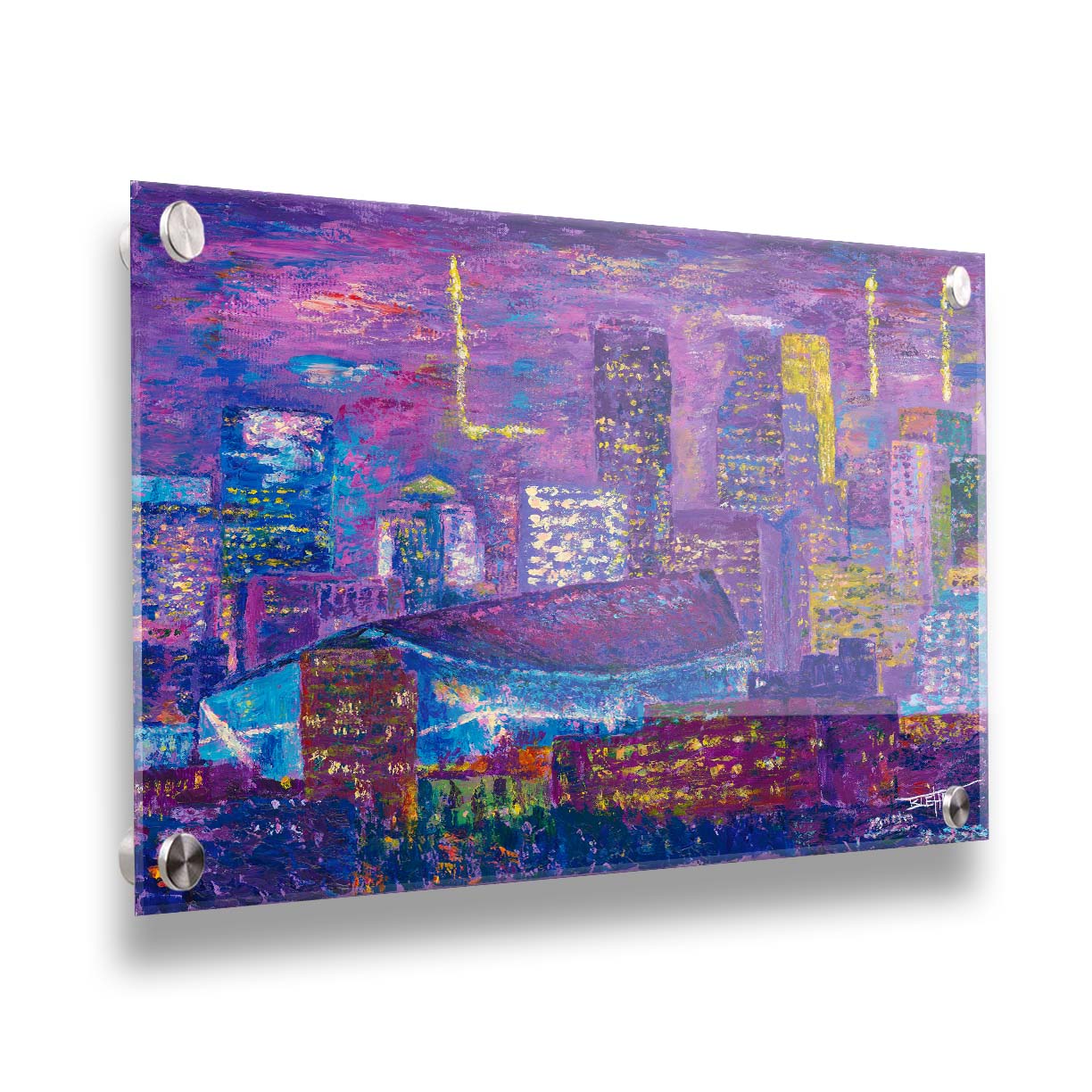 A landscape painting of a scene in Minneapolis, Minnesota, centered on the U.S. Bank Stadium, host of Superbowl LII. Printed on acrylic.