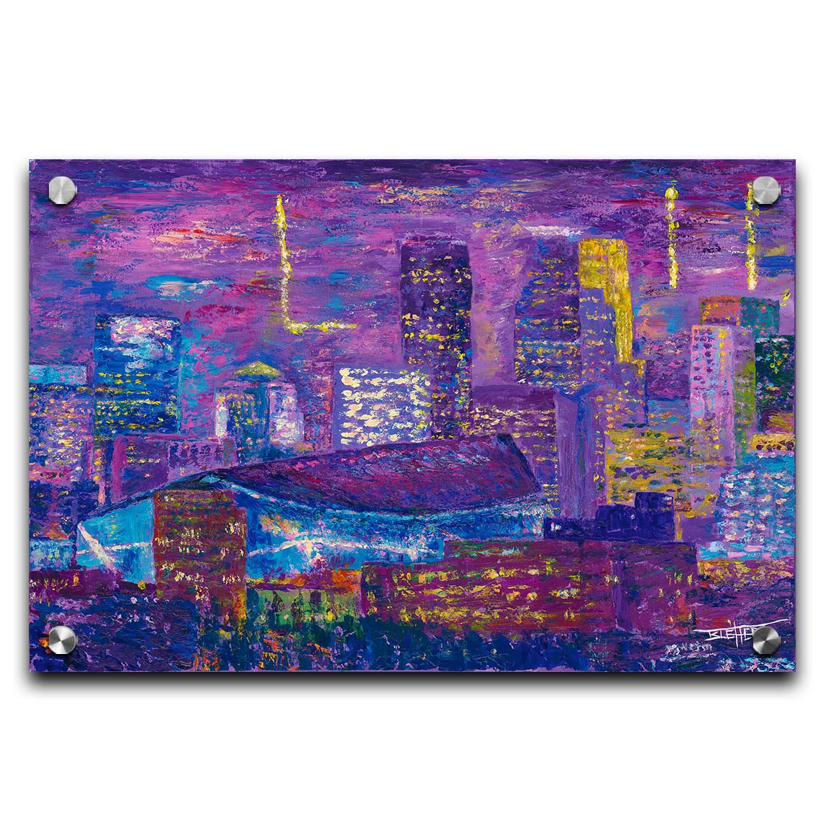 A landscape painting of a scene in Minneapolis, Minnesota, centered on the U.S. Bank Stadium, host of Superbowl LII. Printed on acrylic.