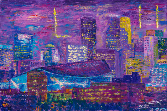 A landscape painting of a scene in Minneapolis, Minnesota, centered on the U.S. Bank Stadium, host of Superbowl LII.