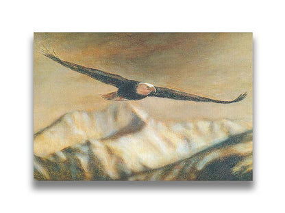 A painting of an eagle soaring over the mountains with warm brown tones. Printed on canvas.