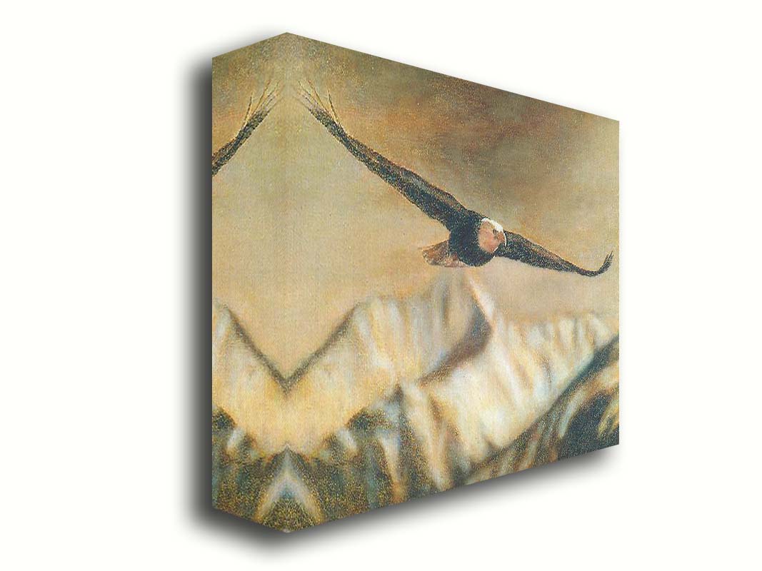 A painting of an eagle soaring over the mountains with warm brown tones. Printed on canvas.