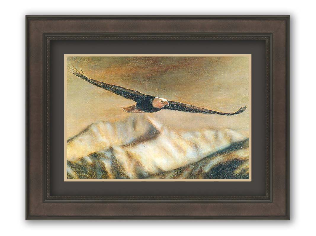 A painting of an eagle soaring over the mountains with warm brown tones. Printed on paper, matted, and framed.