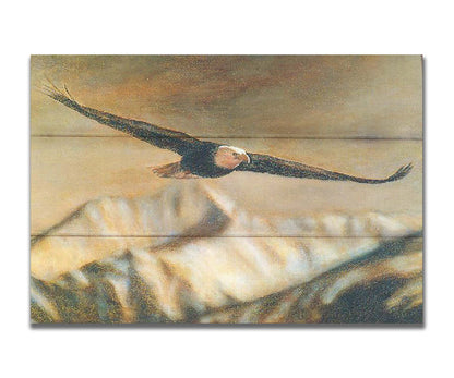 A painting of an eagle soaring over the mountains with warm brown tones. Printed on a box board.