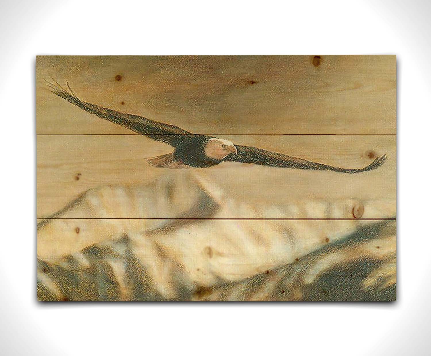 A painting of an eagle soaring over the mountains with warm brown tones. Printed on a wood pallet.