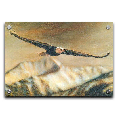 A painting of an eagle soaring over the mountains with warm brown tones. Printed on acrylic.